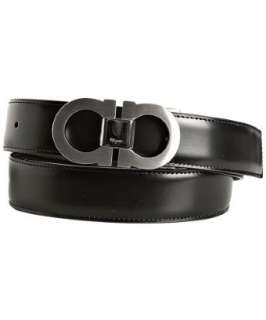 Ferragamo black and auburn reversible calfskin gancio belt   