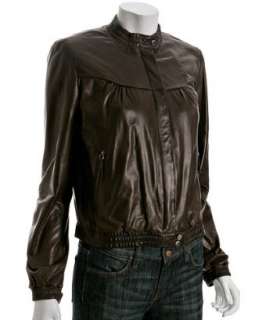 Cole Haan brown leather zip front bomber jacket   