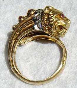18K GOLD ROSE CUT DIAMOND & RUBY LION / DRAGON BYPASS RING 10.6g 