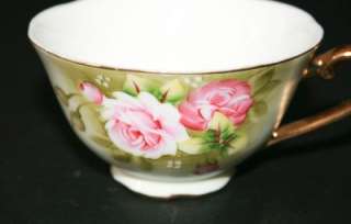 Vintage Lefton China Teacup Green w Rose Floral Pattern  