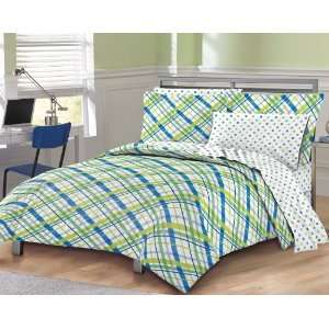  Teen Blue and Green Crisscross Plaid Comforter Set