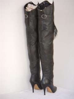 RARE VINTAGE WILD PAIR FRINGE BLACK LEATHER THIGH HIGH BOOTS 9  