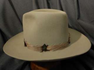 Vtg STETSON 5X Western Cowboy Hat Light Gray Feather Band Size 7 Fur 