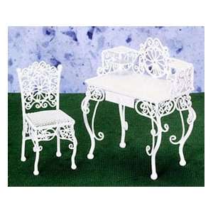  Dollhouse Miniature White Wire Writing Desk with Chair 