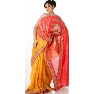  Red and Amber Sari from Bengal with Ikat Border   Pure 