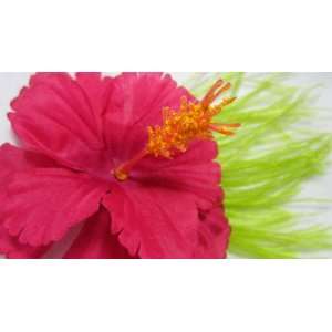  NEW Bright Pink Hibiscus Flower with Green Feathers 