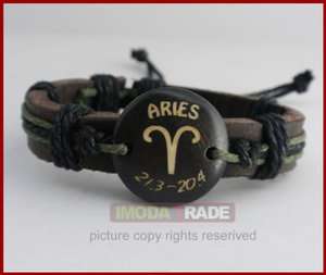 Vintage Zodiac Aries Bone Leather Bracelet Surfer Cuff  