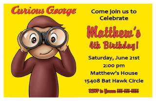 Set of 10 Curious George Personalized Invitations  