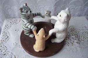 Ceramic Penco cat & mice holding hands candle holder  