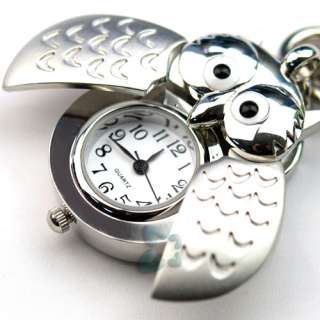 Silver Color Owl Key Ring Chain Pendant Pocket Watch E  