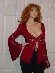 Morgan de toi France crochet metallic red bell sleeve cardigan blouse 