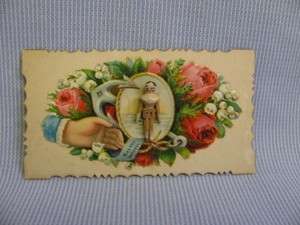 Miniature PEG WOODEN DOLL 1880s & Antique VICTORIAN SCRAP Card 