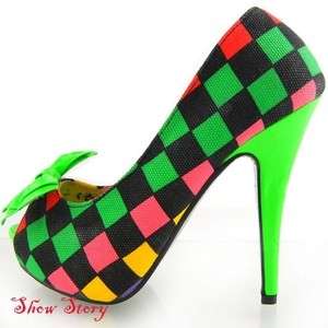   Multi Coloured Check Tartan Bow Green Platform Shoes US Sz 6.5  