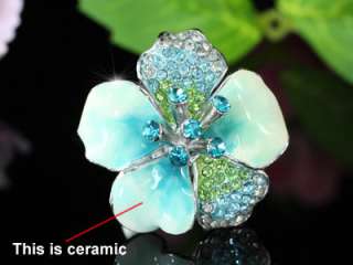 Blue Ceramic Flower Ring use Swarovski Crystal SR112  