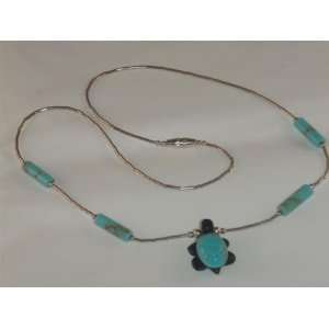  Liquid Silver Necklace with Turquoise Beads with Turtle 