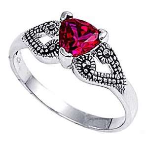   Engagement Ring Triangle Ruby CZ Marcasite Ring 7MM ( Size 5 to 9