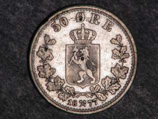 NORWAY 1877 50 Ore Silver VF  