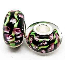   Glass Black/Green/Pink Flower Charm Beads (Set of 2)  
