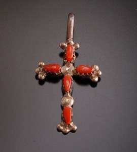 Natural Mediterranean Red Coral Cross Pendant ~ Zuni handmade Sterling 