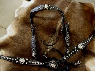 BRIDLE WESTERN LEATHER HEADSTALL BREASTCOLLAR TACK SET BLACK CLEAR 