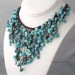 Handmade Reconstructed Turquoise V Shape Waterfall Bib Necklace 