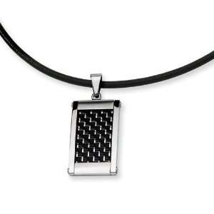  Stainless Steel Silver & Black Carbon Fiber Necklace 18in 