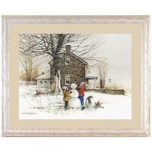  Americana Landscape Stone House Snow Man Scene Framed 