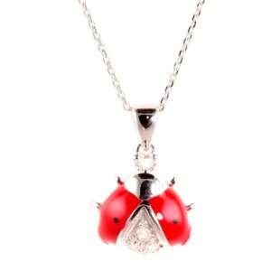  Sterling Silver Ladybug Necklace Red Crystal Charm .925 