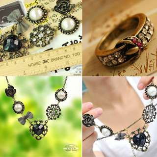 Vintage flower rhinestone Pearl Bib necklace and Belt Shape ring sets 