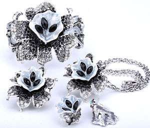 Black crystal flower bracelet necklace earing pin set  