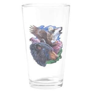    Pint Drinking Glass Bear Bald Eagle and Wolf 