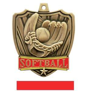 Custom Hasty Awards 2.5 Shield Softball Medals GOLD MEDAL / RED RIBBON 