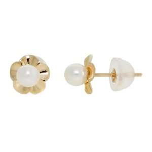 14KT Yellow Gold flower Fresh Water Pearl stud Jewelry
