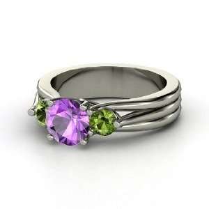 Three Part Harmony Ring, Round Amethyst 14K White Gold Ring with Green 