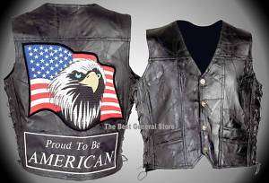 Proud to Be American Black Leather Veterans Vest VET  