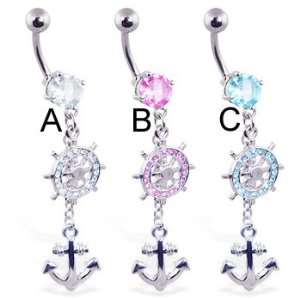  Jeweled belly ring with dangling ships wheel and anchor 