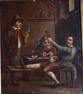 Old Dutch School Antique Oil Painting Board Pub Tavern  