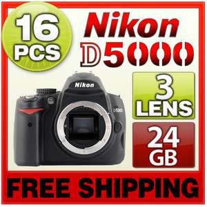 Nikon D5000 SLR Camera Body & 3 Lens 24GB 16PC New 689466112177  