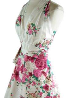50s Style WHITE Asian Florals HALTER WRAP Sun Dress  
