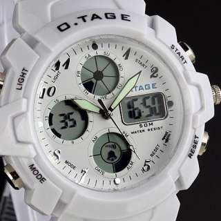Classic White Digital Analog Style Dual Date Alarm Rubber Mens Sport 