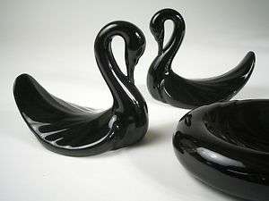   Ceramic HAEGER POTTERY Shiny BLACK SWAN CONSOLE SET #2179 ~  