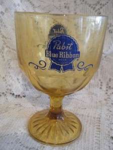 Vintage Blue Amber Paneled Glass Pabst Blue Ribbon Beer Goblet 