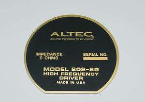 Altec 802 8G horn driver Rear badge label NEW NICE  