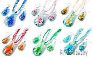 6SETS Drop Flower MURANO Glass Pendant Necklace Earring 29691  