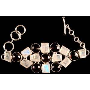 Faceted Rainbow Moonstone Bracelet with Smoky Quartz   Sterling Silver