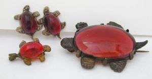 Vintage Red Turtle Pins and Earrings Set  