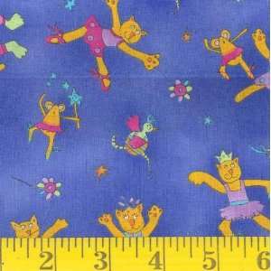  45 Wide Krazy Kats Dancing Cats Blue Fabric By The Yard 