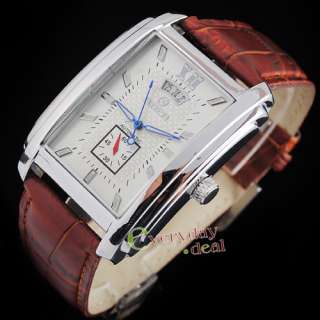 Luxury Mens Wrist Watch Mechanical Automatic Brown Leather Date Square 