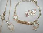 18Kt Gold gf GIRLS PINK HEART HELLO KITTY Earrings Necklace 4pc SET
