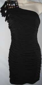 Jessica McClintock Dress Ruched Sz 6 NWT Black Beaded $179 Cocktail 
